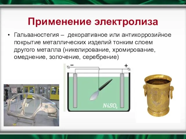 Применение электролиза Гальваностегия – декоративное или антикоррозийное покрытие металлических изделий тонким слоем