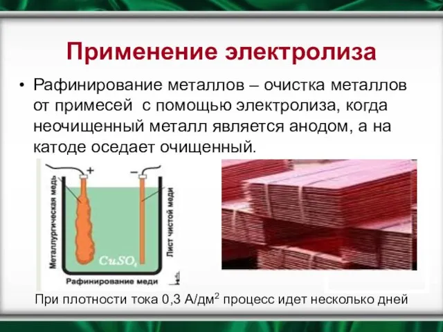 Применение электролиза Рафинирование металлов – очистка металлов от примесей с помощью электролиза,