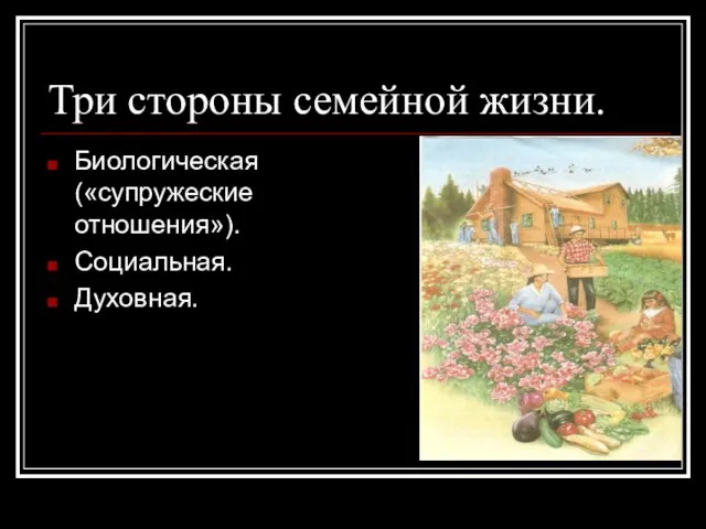 Три стороны семейной жизни. Биологическая («супружеские отношения»). Социальная. Духовная.