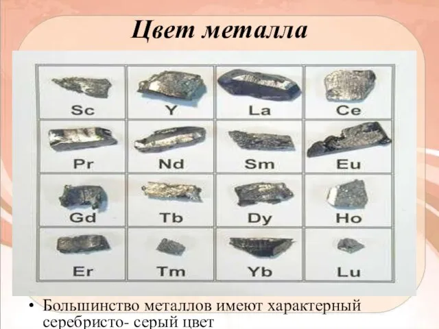 Цвет металла Большинство металлов имеют характерный серебристо- серый цвет