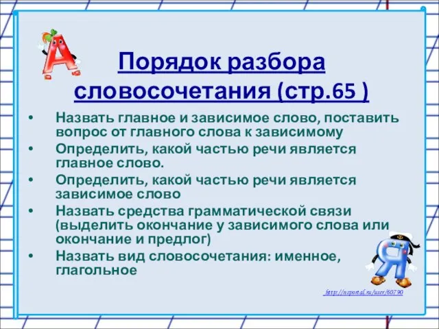 Порядок разбора словосочетания (стр.65 ) Назвать главное и зависимое слово, поставить вопрос