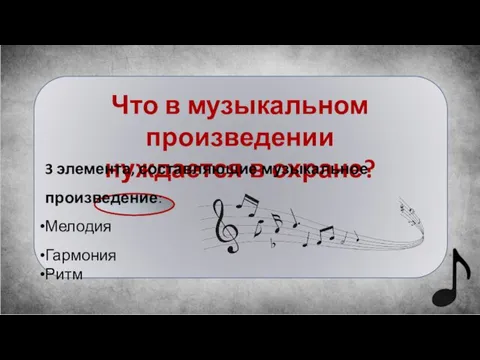 Что в музыкальном произведении нуждается в охране? 3 элемента, составляющие музыкальное произведение: Мелодия Гармония Ритм