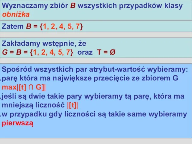 Algorytm LEM2 Wyznaczamy zbiór B wszystkich przypadków klasy obniżka Zatem B =