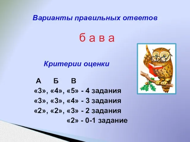 б а в а Варианты правильных ответов Критерии оценки А Б В