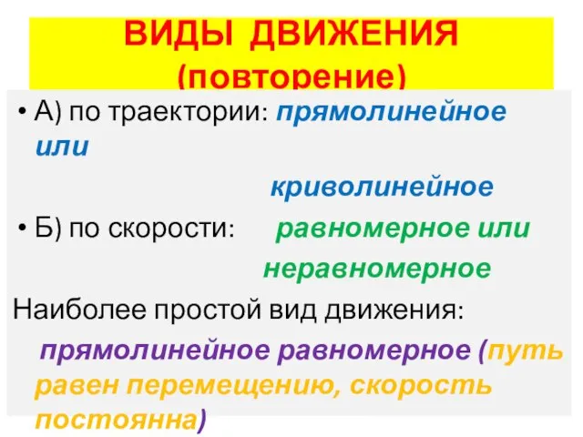 ВИДЫ ДВИЖЕНИЯ (повторение) А) по траектории: прямолинейное или криволинейное Б) по скорости: