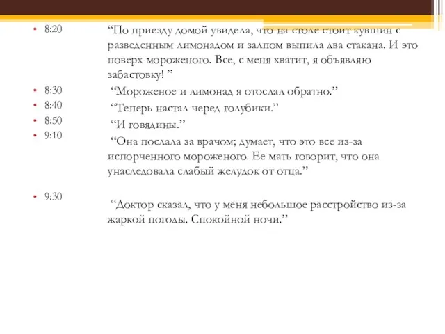8:20 8:30 8:40 8:50 9:10 9:30 “По приезду домой увидела, что на