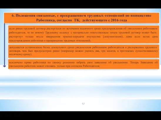 6. Положения связанные, с прекращением трудовых отношений по инициативе Работника, согласно ТК,