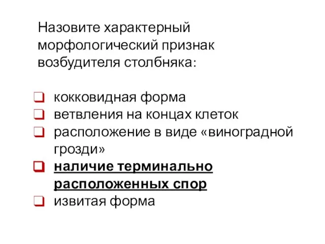 Назовите характерный морфологический признак возбудителя столбняка: кокковидная форма ветвления на концах клеток