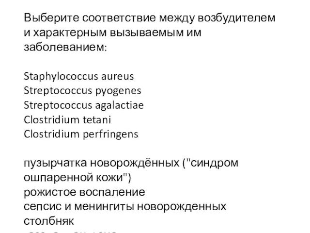 Выберите соответствие между возбудителем и характерным вызываемым им заболеванием: Staphylococcus aureus Streptococcus