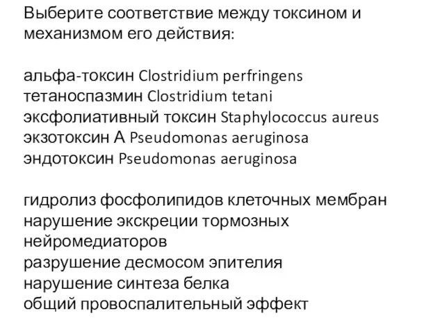 Выберите соответствие между токсином и механизмом его действия: альфа-токсин Clostridium perfringens тетаноспазмин