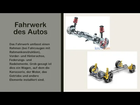 Fahrwerk des Autos Das Fahrwerk umfasst einen Rahmen (bei Fahrzeugen mit Rahmenkonstruktion),