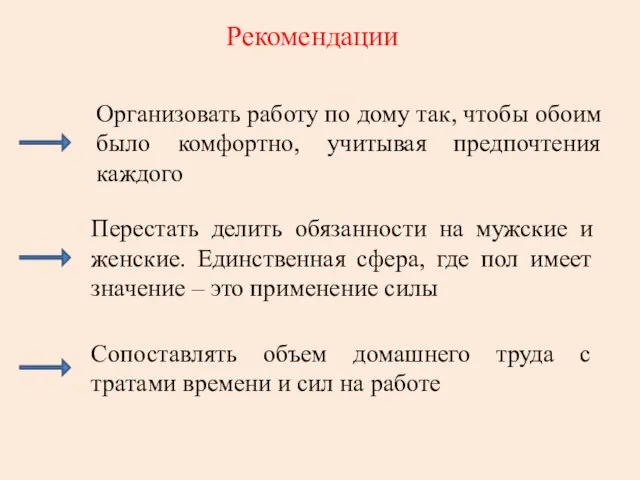 Рекомендации Организовать работу по дому так, чтобы обоим было комфортно, учитывая предпочтения