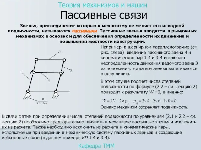 Пассивные связи Кафедра ТММ Теория механизмов и машин Звенья, присоединение которых к