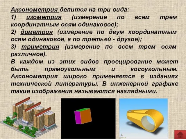 Аксонометрия делится на три вида: 1) изометрия (измерение по всем трем координатным