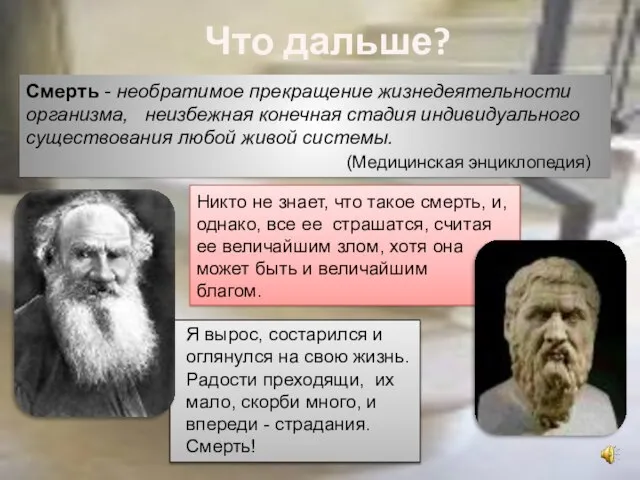 Что дальше? Смерть - необратимое прекращение жизнедеятельности организма, неизбежная конечная стадия индивидуального