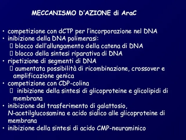 MECCANISMO D’AZIONE di AraC competizione con dCTP per l’incorporazione nel DNA inibizione