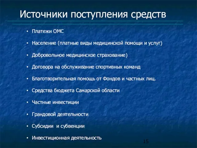 Источники поступления средств Платежи ОМС Население (платные виды медицинской помощи и услуг)