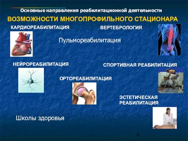 КАРДИОРЕАБИЛИТАЦИЯ НЕЙРОРЕАБИЛИТАЦИЯ ОРТОРЕАБИЛИТАЦИЯ ВОЗМОЖНОСТИ МНОГОПРОФИЛЬНОГО СТАЦИОНАРА ВЕРТЕБРОЛОГИЯ СПОРТИВНАЯ РЕАБИЛИТАЦИЯ ЭСТЕТИЧЕСКАЯ РЕАБИЛИТАЦИЯ Основные