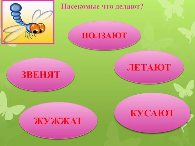 Насекомые что делают? ПОЛЗАЮТ ЛЕТАЮТ ЗВЕНЯТ ЖУЖЖАТ КУСАЮТ