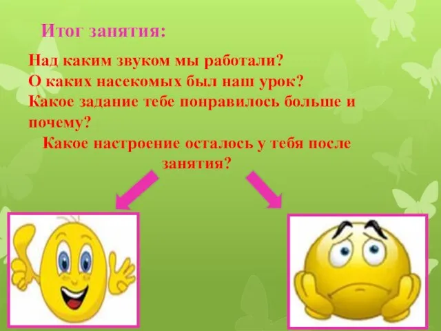 Итог занятия: Над каким звуком мы работали? О каких насекомых был наш