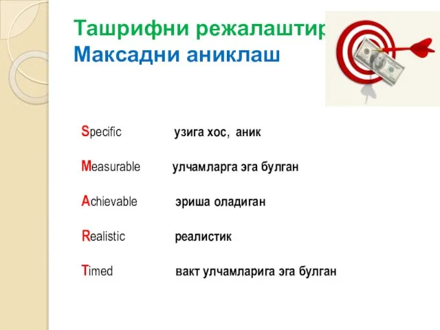 Ташрифни режалаштириш Максадни аниклаш Specific узига хос, аник Measurable улчамларга эга булган