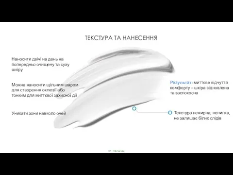 ТЕКСТУРА ТА НАНЕСЕННЯ Наносити двічі на день на попередньо очищену та суху