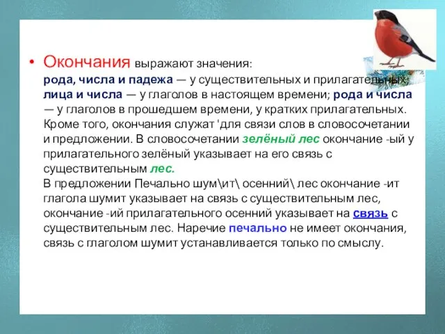 Окончания выражают значения: рода, числа и падежа — у существительных и прилагательных;