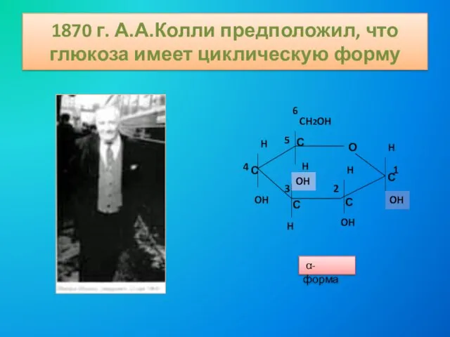 1870 г. А.А.Колли предположил, что глюкоза имеет циклическую форму О CH2OH OH