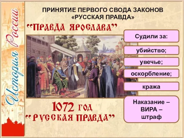 ПРИНЯТИЕ ПЕРВОГО СВОДА ЗАКОНОВ «РУССКАЯ ПРАВДА» Судили за: убийство; увечье; оскорбление; кража