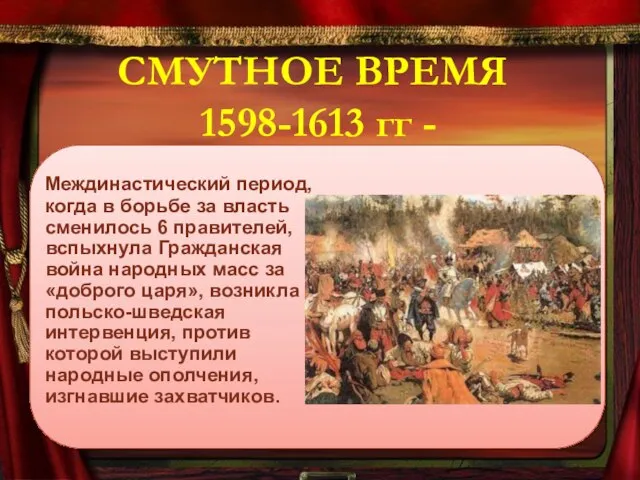 СМУТНОЕ ВРЕМЯ 1598-1613 гг - Междинастический период, когда в борьбе за власть