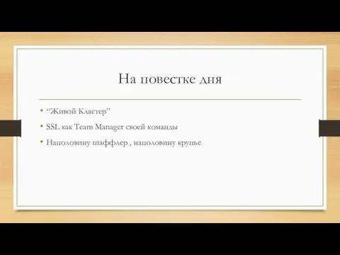 На повестке дня “Живой Кластер” SSL как Team Manager своей команды Наполовину шаффлер , наполовину крупье