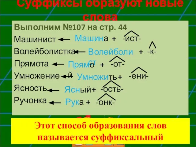 Суффиксы образуют новые слова Выполним №107 на стр. 44 Машинист Волейболистка Прямота