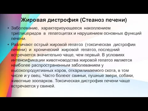 Жировая дистрофия (Стеаноз печени) Заболевание, характеризующееся накоплением триглицеридов в гепатоцитах и нарушением