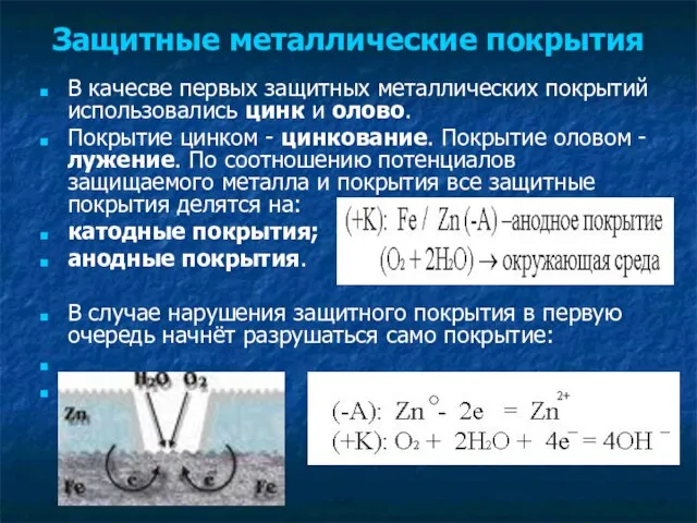 Защитные металлические покрытия В качесве первых защитных металлических покрытий использовались цинк и