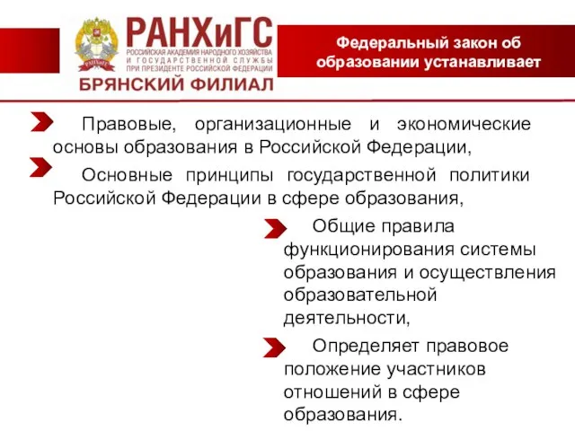 Правовые, организационные и экономические основы образования в Российской Федерации, Основные принципы государственной