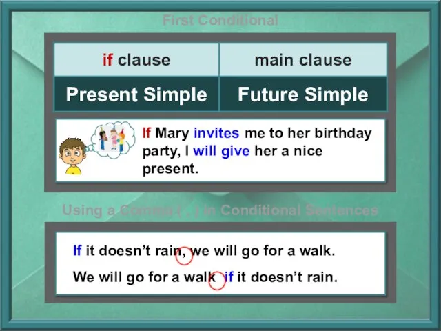First Conditional If Mary invites me to her birthday party, I will