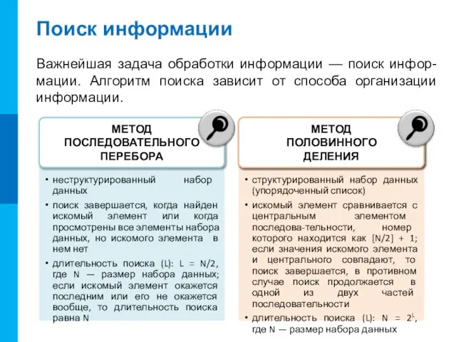 структурированный набор данных (упорядоченный список) искомый элемент сравнивается с центральным элементом последова-тельности,