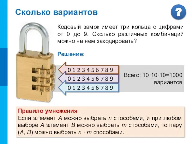 КОМБИНАТОРИКА Всего: 10 вариантов Всего: 10·10=100 вариантов Всего: 10·10·10=1000 вариантов Сколько вариантов