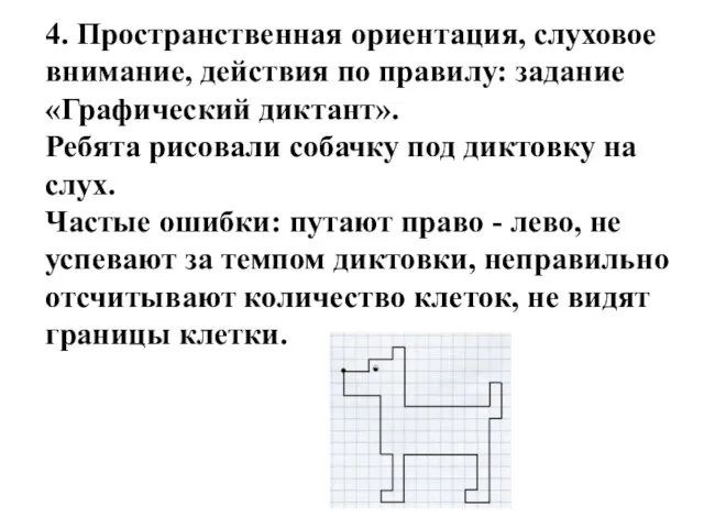 4. Пространственная ориентация, слуховое внимание, действия по правилу: задание «Графический диктант». Ребята