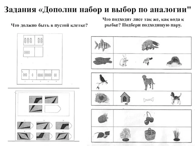 Задания «Дополни набор и выбор по аналогии" Что должно быть в пустой