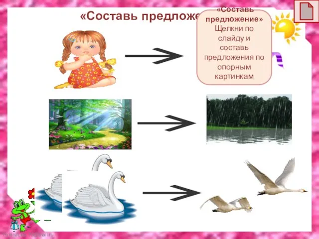 «Составь предложение» «Составь предложение» Щелкни по слайду и составь предложения по опорным картинкам