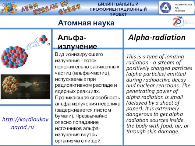 Атомная наука Вид ионизирующего излучения - поток положительно заряженных частиц (альфа-частиц), испускаемых