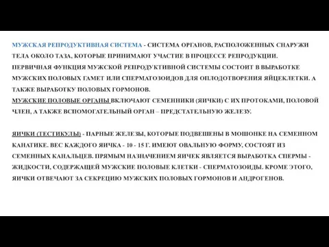 МУЖСКАЯ РЕПРОДУКТИВНАЯ СИСТЕМА - СИСТЕМА ОРГАНОВ, РАСПОЛОЖЕННЫХ СНАРУЖИ ТЕЛА ОКОЛО ТАЗА, КОТОРЫЕ