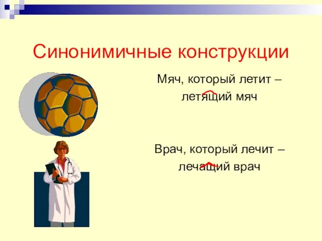 Синонимичные конструкции Мяч, который летит – летящий мяч Врач, который лечит – лечащий врач