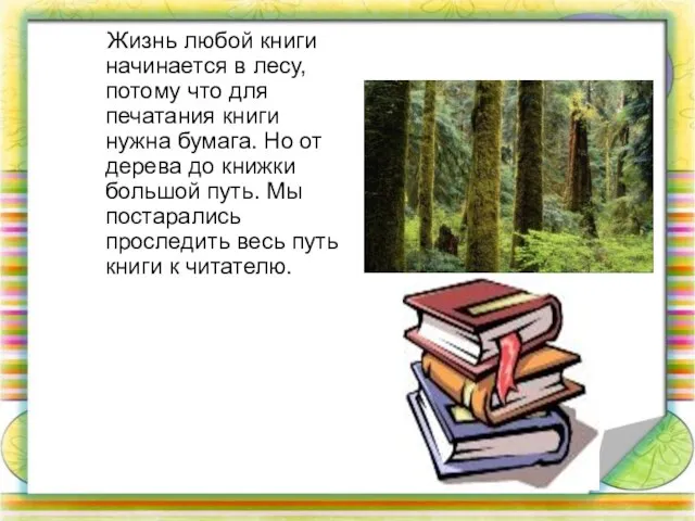 Жизнь любой книги начинается в лесу, потому что для печатания книги нужна