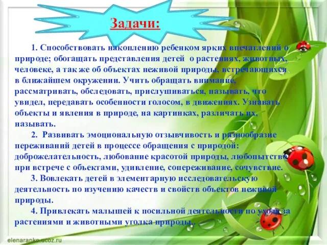 Задачи: 1. Способствовать накоплению ребенком ярких впечатлений о природе; обогащать представления детей