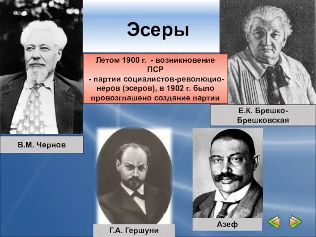 Эсеры Е.К. Брешко-Брешковская В.М. Чернов Г.А. Гершуни Азеф Летом 1900 г. -