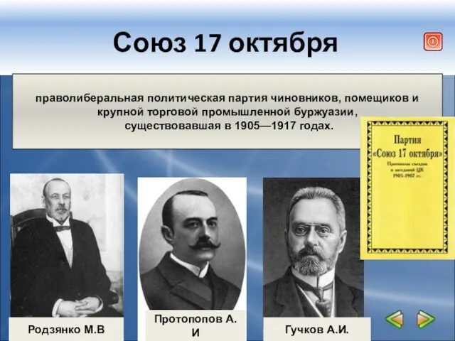 Союз 17 октября Гучков А.И. Родзянко М.В Протопопов А.И праволиберальная политическая партия