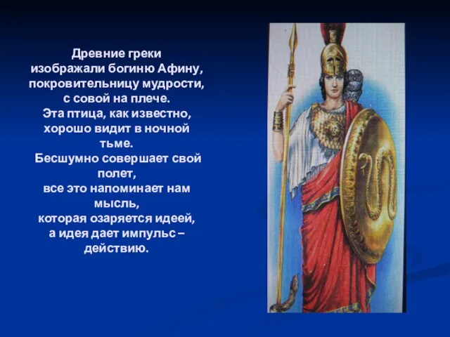 Древние греки изображали богиню Афину, покровительницу мудрости, с совой на плече. Эта