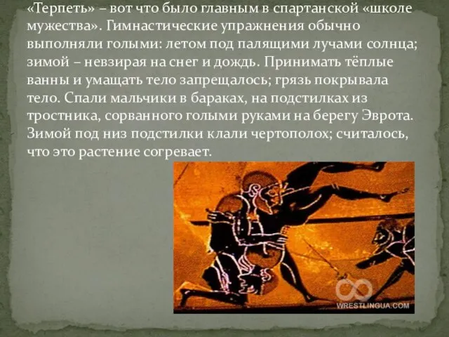 «Терпеть» – вот что было главным в спартанской «школе мужества». Гимнастические упражнения